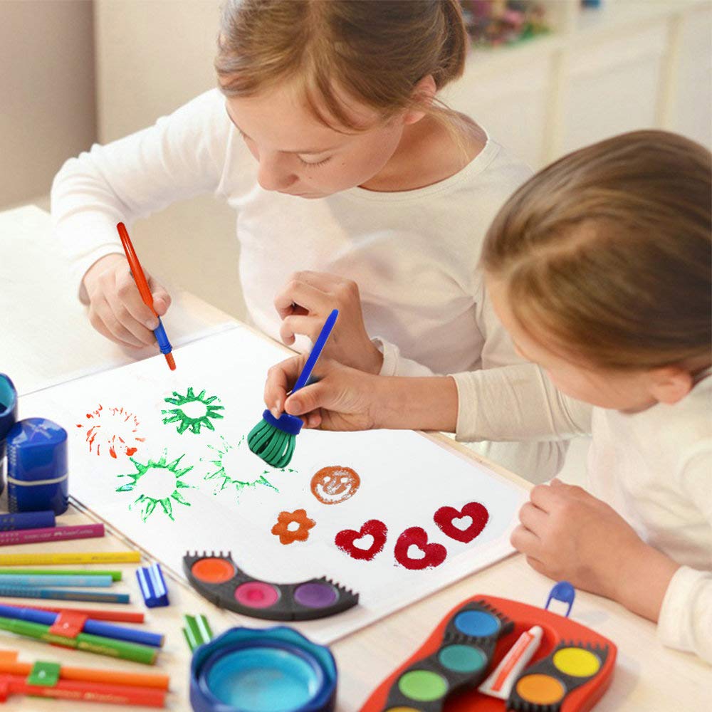 59pcs Kids Art & Craft Early Learning Painting Sponges Stamper Mini Paint Brushes Kit with 26 English Alphabets Drawing Tools (with Apron&Box)