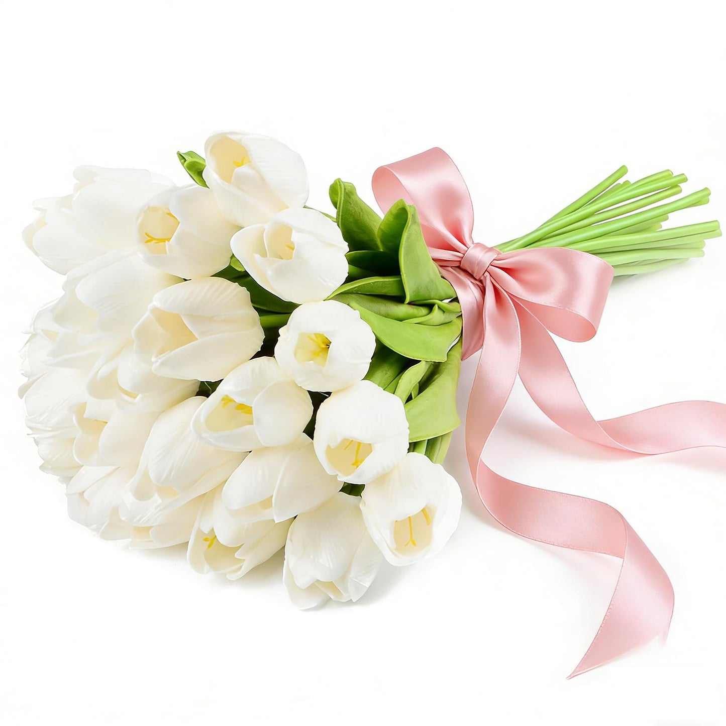 HoveBeaty Artificial Tulips Bridal Wedding Festival Decor Bouquet Real Touch PU Flower Bouquet Pack of 20 (White)