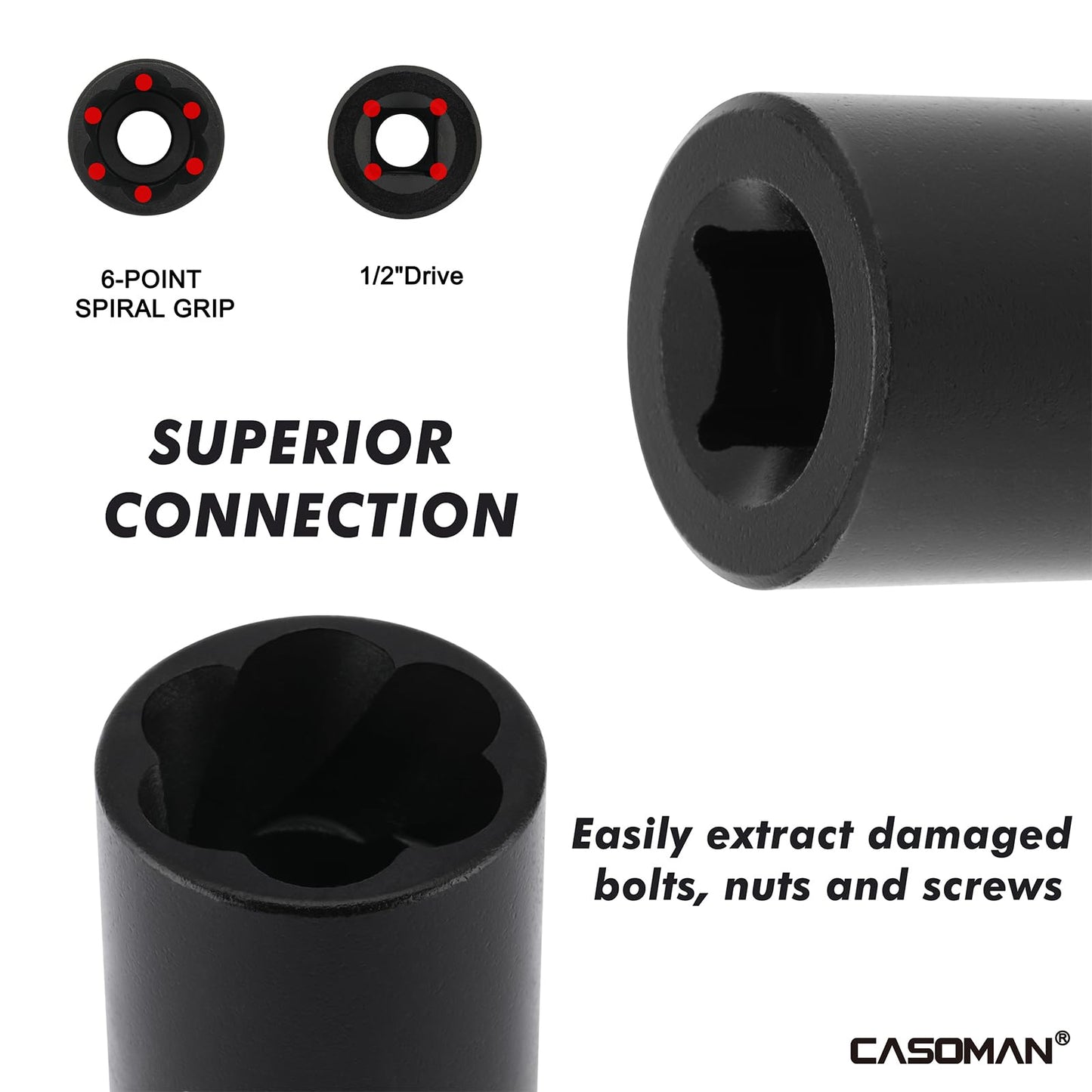 CASOMAN 5 Pieces 1/2" Dr. Twist Socket Set, Lug Nut Remover Tool, Metric Bolt and Lug Nut Extractor Socket Tools