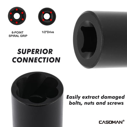 CASOMAN 5 Pieces 1/2" Dr. Twist Socket Set, Lug Nut Remover Tool, Metric Bolt and Lug Nut Extractor Socket Tools