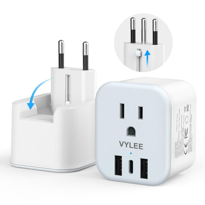 2 Pack European Travel Plug Adapter, VYLEE Foldable Travel Adapter with 3 USB (1 USB C Port) and 1 AC Outlets Charger for Canada to Most of Europe - EU France Germany Spain Italy