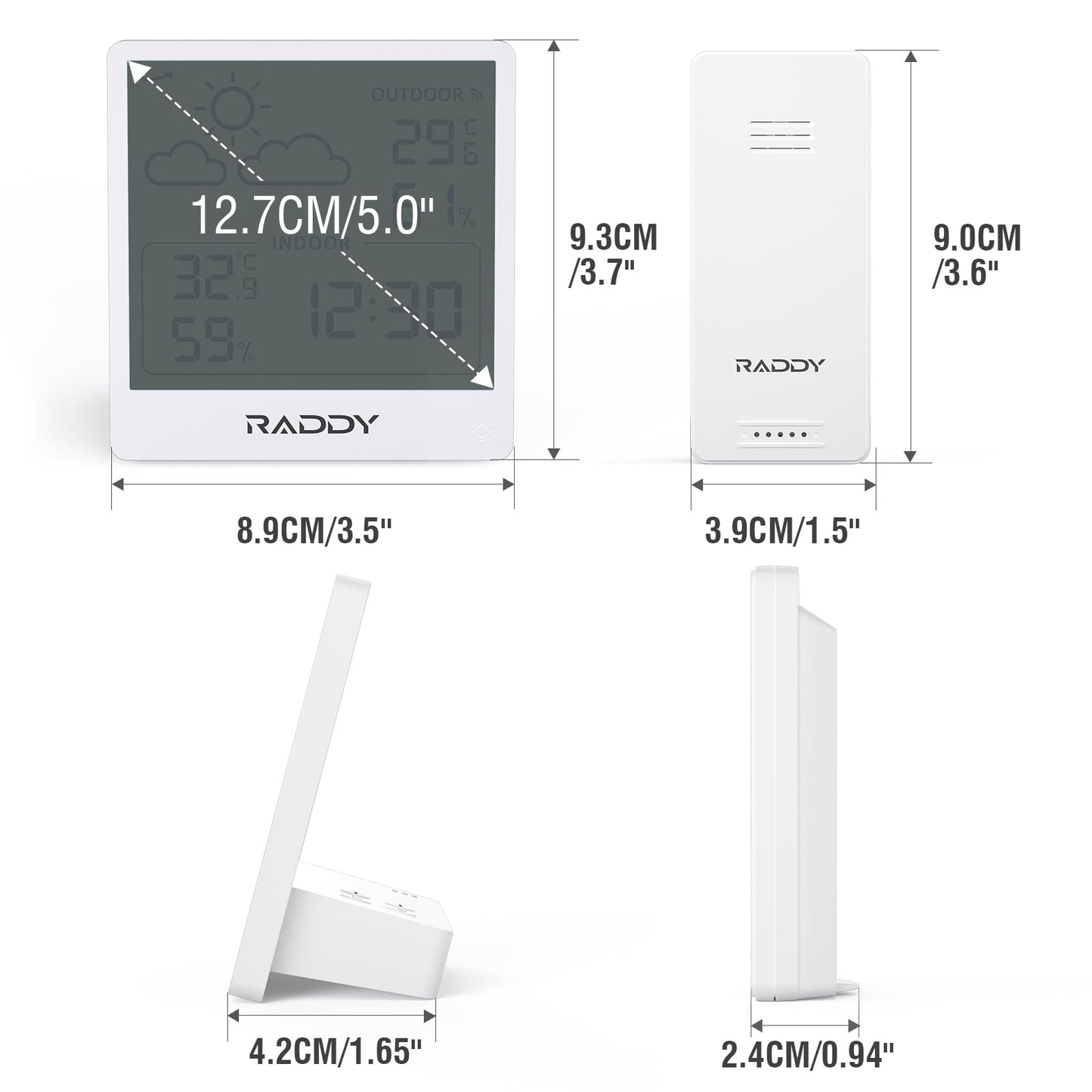 Raddy WF-50T Indoor Outdoor Thermometer Hygrometer Wireless Weather Station, Battery Powered Temperature & Humidity Monitor with 5.0’’ TN Display, Weather Forecast, Wireless Remote Sensor (White)