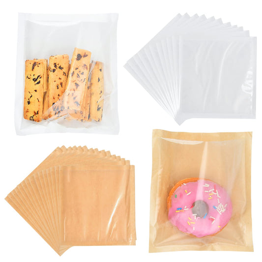 300 PCS Bakery Bags with Window, Akamino Heat-Sealable Kraft Paper Pastry Bags for Cookies and Pastries, 7.5 x 7.1 Inches Grease Resistant Food Bags for Sandwich, Candy, Snack