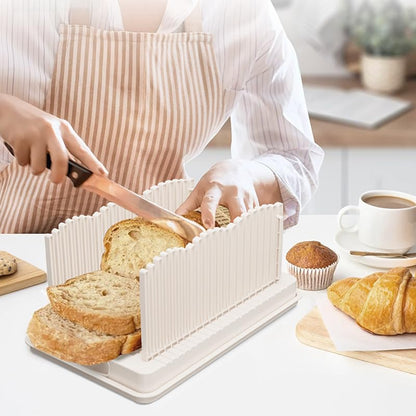 Qeedee Sourdough Bread Slicer for Homemade Bread, Foldable and Adjustable Cutting Guide with Crumb Tray, 3 Slice Sizes for Homemade Bagels, Buns, Cakes, White