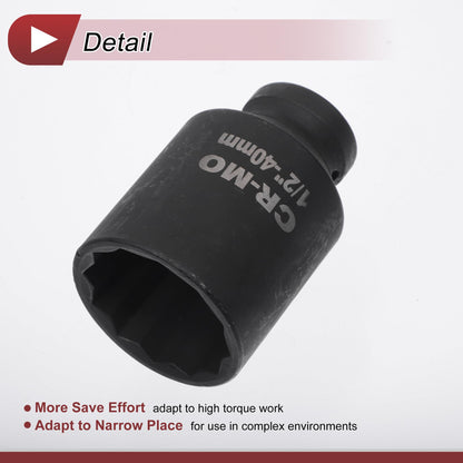 HEROFFIX 1 Pcs Impact Socket Durable Hardware Tool 78mm Black High Carbon Steel 12 Point 40mm for Car Motorcycle Dirtbike Repair 1/2 Inch Drive