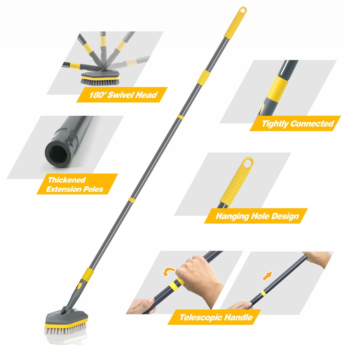 DALIPER Shower Scrubber with Long Handle for Cleaning, 56" Extendable 3 in 1 Shower Cleaner Brush, Interchangeable Tub Scrub Brush Attachment for Cleaning Bathroom Bathtub Floor Wall