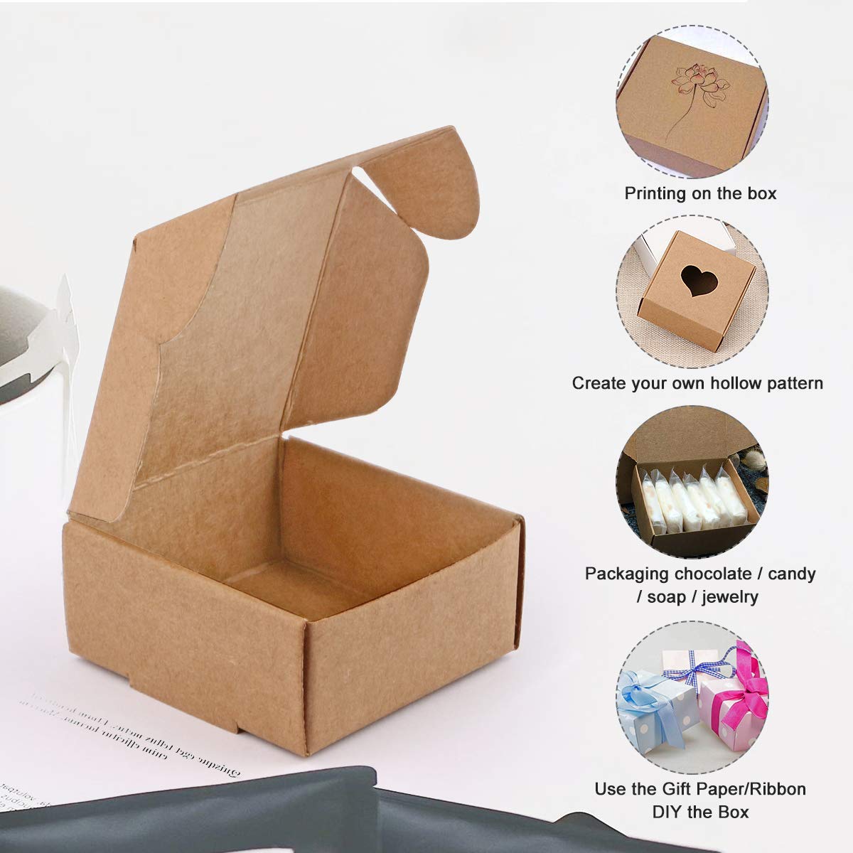 Sdootjewelry Mini Cardboard Boxes, 2.16"x 2.16" x 0.98" Mini Jewelry Boxes Packaging, Brown Kraft Boxes for Ring Earrings