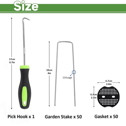 101Pcs Garden Landscape Staples with Gasket and Precision Hook, 11 Gauge 4'' Galvanized U-Shaped Sod Pins Yard Fence Ground Stakes for Fixed Tents Weed Mat Gardening Cover