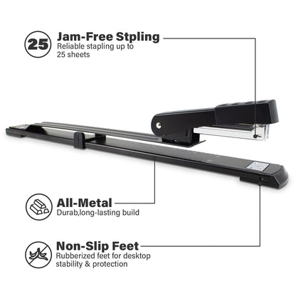Deli Long Reach Stapler, Booklet Stapler with Jam Resistant, 25 Sheet Capacity, Long Arm Standard Stapler for Booklet, Book Binding, Art Journaling, Black, Gifts