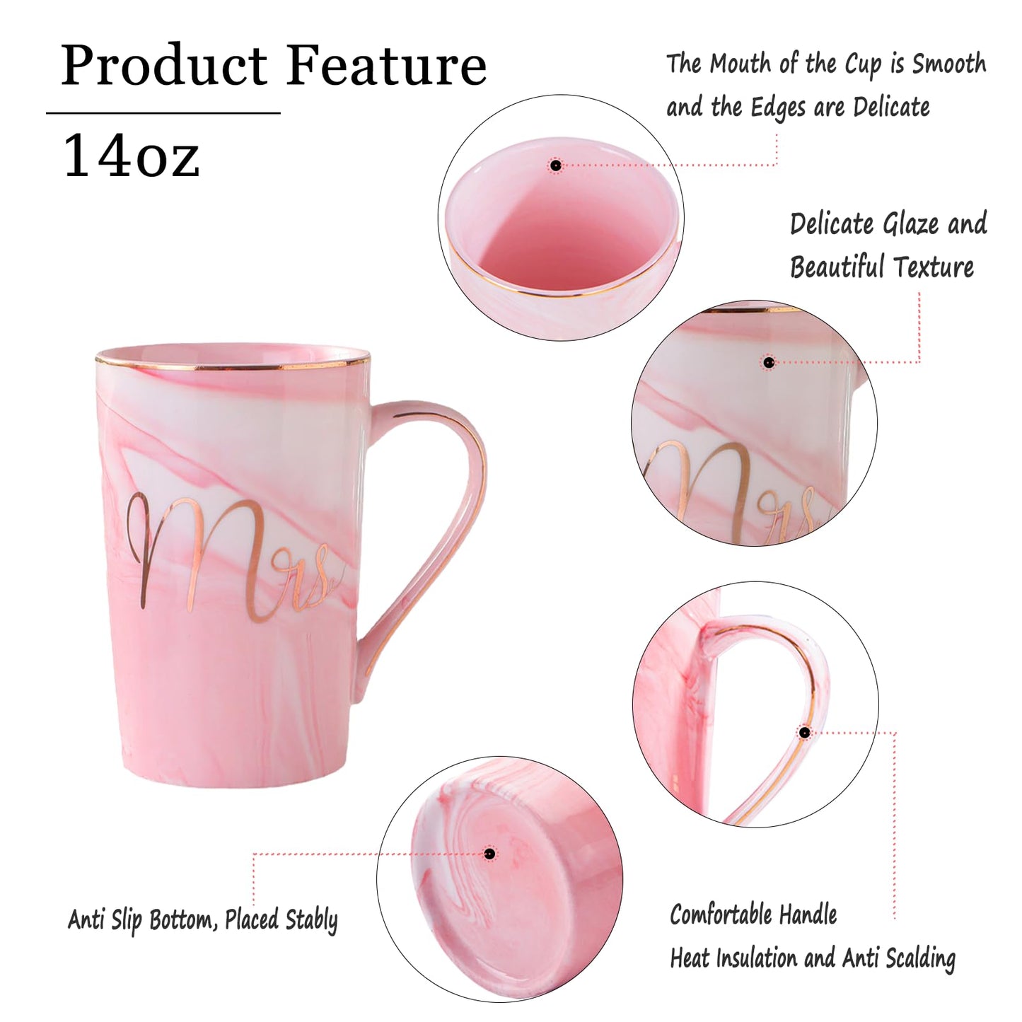 YOETTE Mr and Mrs Coffee Mugs Set 14oz Wedding Gifts for Couples 2026 Bridal Shower Anniversary Engagement Valentines Present for Newlyweds Bride Groom Grey & Pink Cup