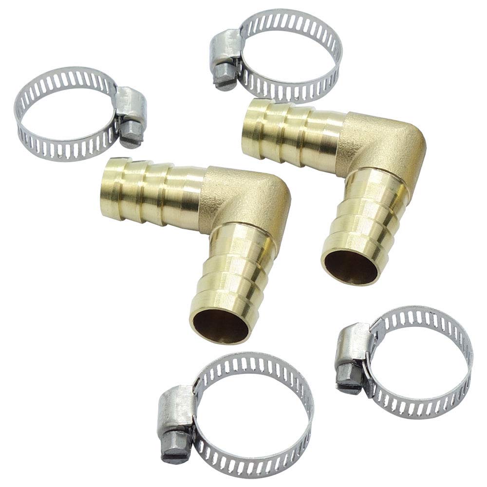 2pcs Brass Hose Barb Fitting 90 Degree Elbow 5/8" Barbed x 5/8" Barbed For Air/Water/Fuel/Oil/ Gases With 4pcs stainless steel clamps