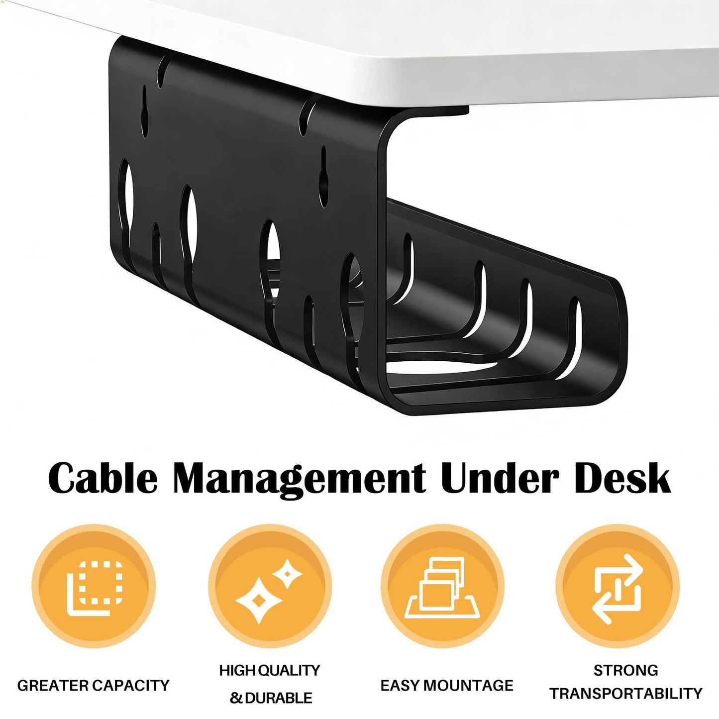 7 code Cable Management Under Desk, Set of 2 Stainless Steel Cable Organizer with Desk Accessories, Under Desk Storage, Cable Ties Cord Organizer, Desk Cable Management Box for Office, Home, Black