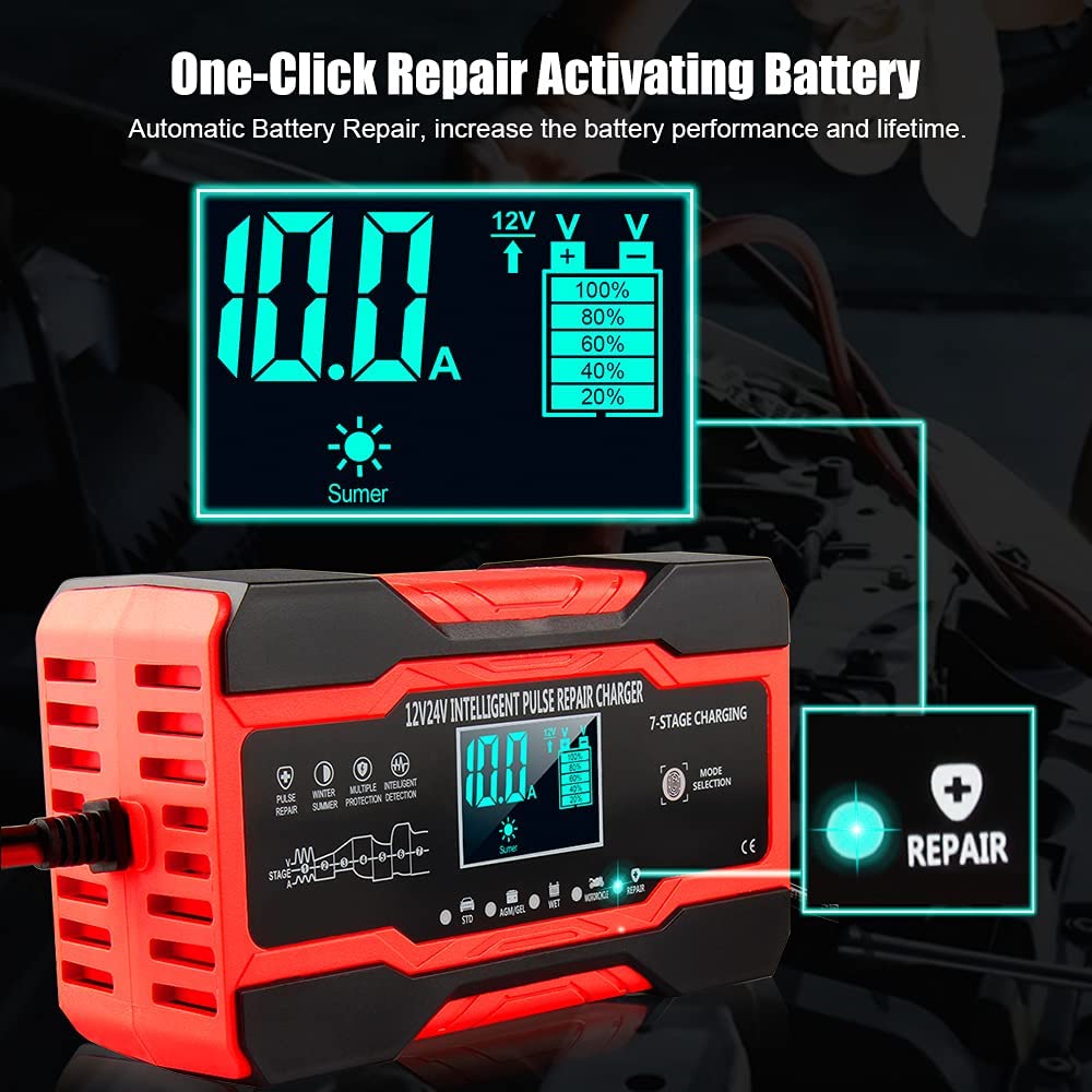 10-Amp 12V 24V Smart Car Battery Charger | Fully-Automatic Trickle Charger & Maintainer | Pulse Repair Desulfator for AGM Gel SLA Flooded Batteries