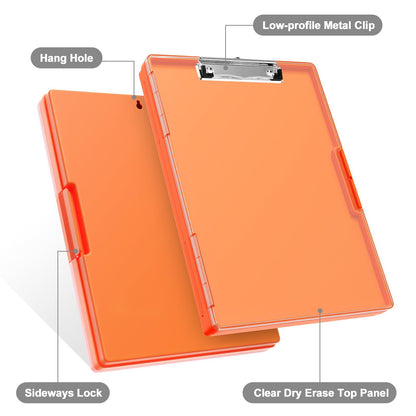 Clipboard with Storage, 8.5x11 Clip Boards with 2 Storage Case and A4 Paper Folder, Clear Dry Erase Top Panel, Heavy Duty Plastic, Folio & Side-Opening, for Nurses, Teacher, Lawers, Orange