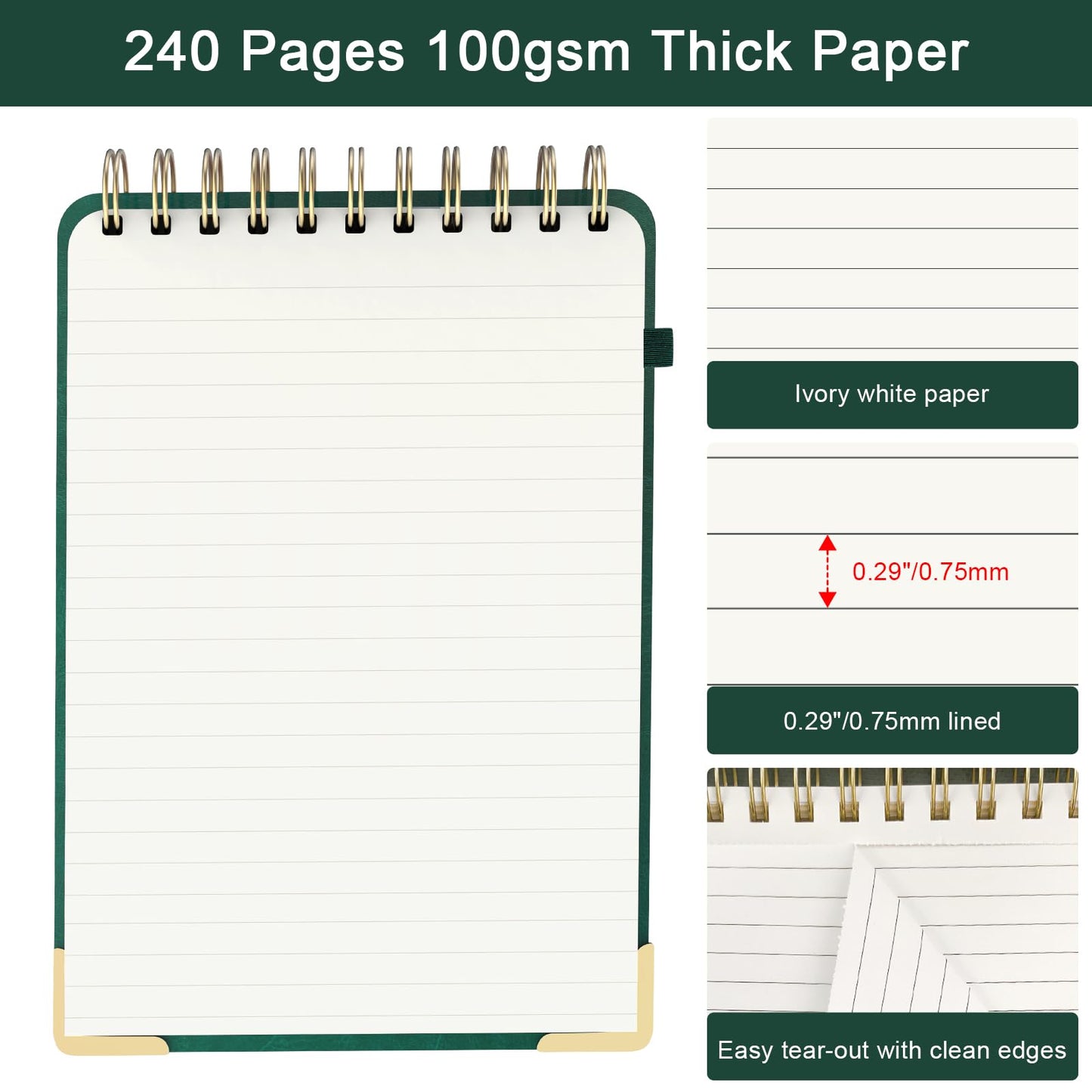 A5 Top Spiral Notebook, Large Leather Hardcover Top Bound Steno Pads, 240 Pages 100 gsm Thick Lined Paper Left Handed Notebook Journal for Work, School, Meeting Writing - Green, 5.9" x 8.5"