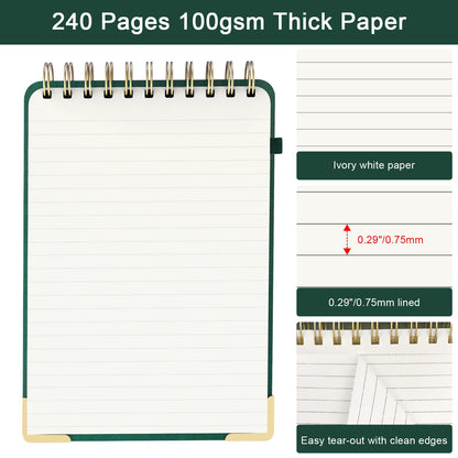 A5 Top Spiral Notebook, Large Leather Hardcover Top Bound Steno Pads, 240 Pages 100 gsm Thick Lined Paper Left Handed Notebook Journal for Work, School, Meeting Writing - Green, 5.9" x 8.5"