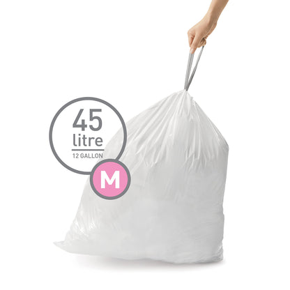 simplehuman Code M 60 Count, Dispenser Pack Custom Fit Liners, Drawstring Trash Bags, 45L / 12 Gallons, White