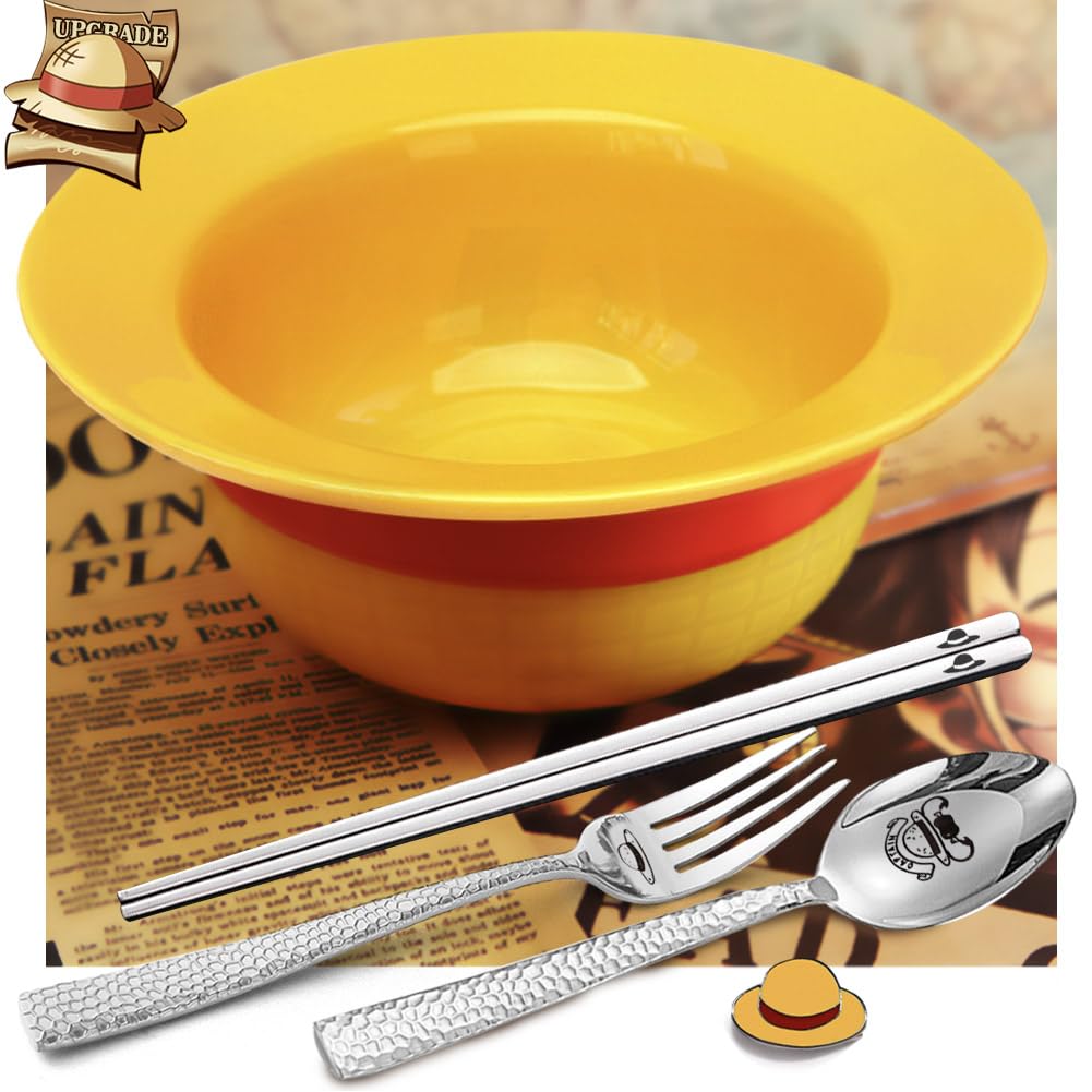 5 PCS Onepiece Anime LUFFYs Straw Hat Ceramic Bowl Set, 20 oz Anime Theme Merch Ramen Bowl + Captain Stainless Steel Fork & Spoon & Chopsticks + Enamel Pin + Exquisite Packaging Box