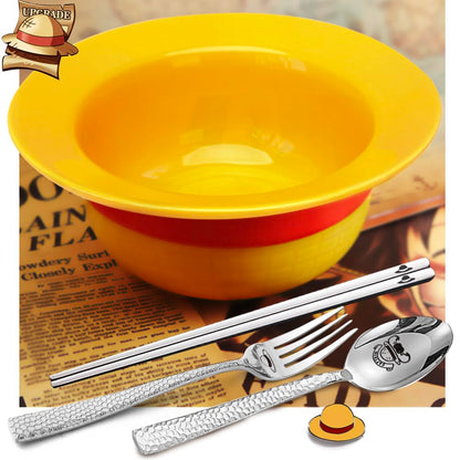 5 PCS Onepiece Anime LUFFYs Straw Hat Ceramic Bowl Set, 20 oz Anime Theme Merch Ramen Bowl + Captain Stainless Steel Fork & Spoon & Chopsticks + Enamel Pin + Exquisite Packaging Box