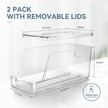Soda Can Dispenser for Refrigerator with Lids, Stackable Drink Organizer for Fridge, Clear Plastic Refrigerator Organizer Bins, Beverage Can Holders for Pantry, Freezer, Kitchen, Cabinets Set of 2