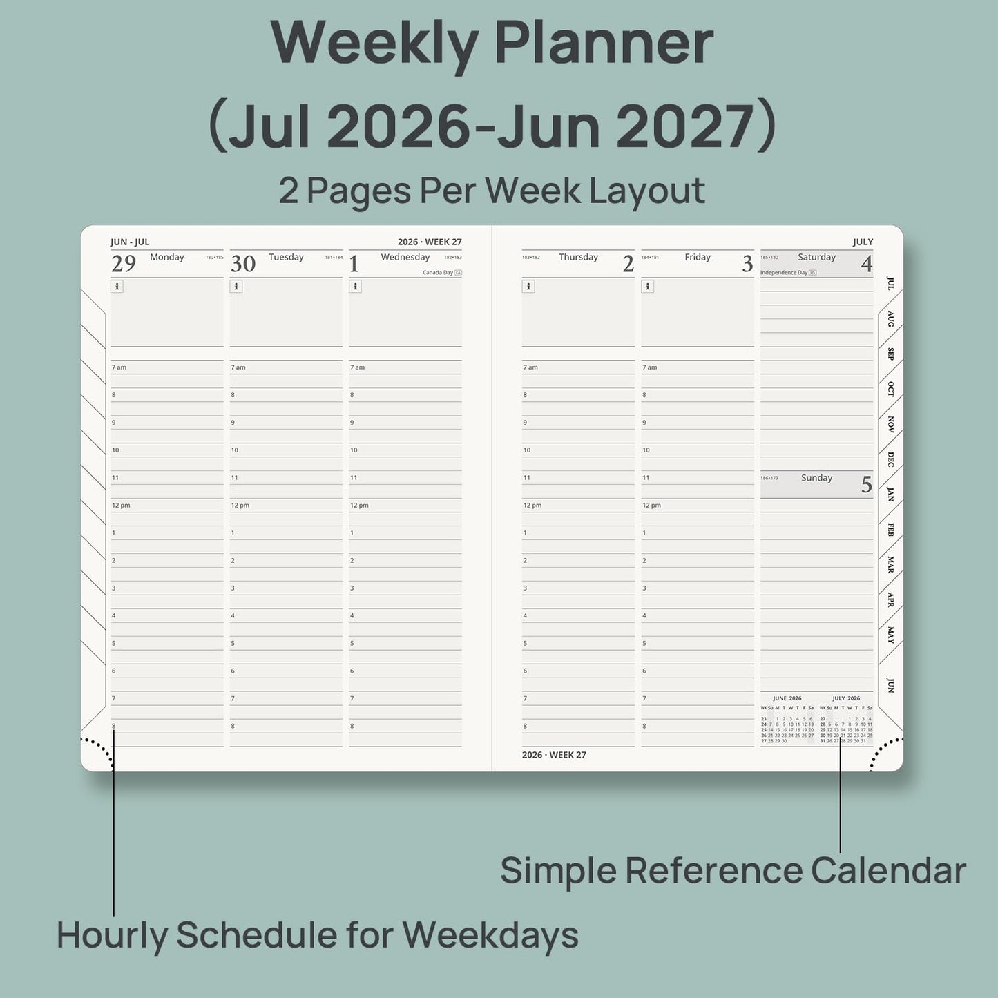 POPRUN 2026-2027 Academic Planner, 6.5" x 8.75", Weekly and Monthly Calendar, July 2026 to June 2027, Hardcover Appointment Book with Verital Layout, Hourly Time Slots, Monthly Tabs - Midnight Green