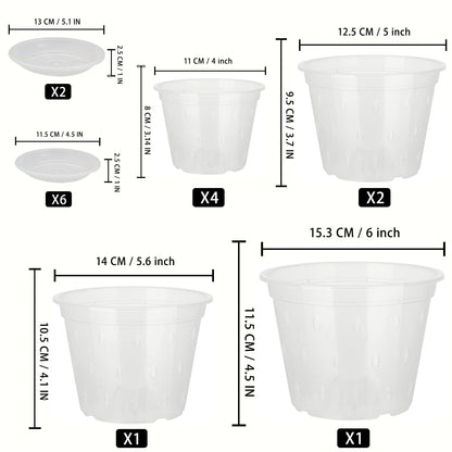 8pcs Orchid Pots with Saucers and Plant Stakes Set, 4" 5" 5.6" 6" Multi-Size, Clear Orchid Pot with Holes and Plant Support, Clear Plastic Breathable Orchid pots for Repotting