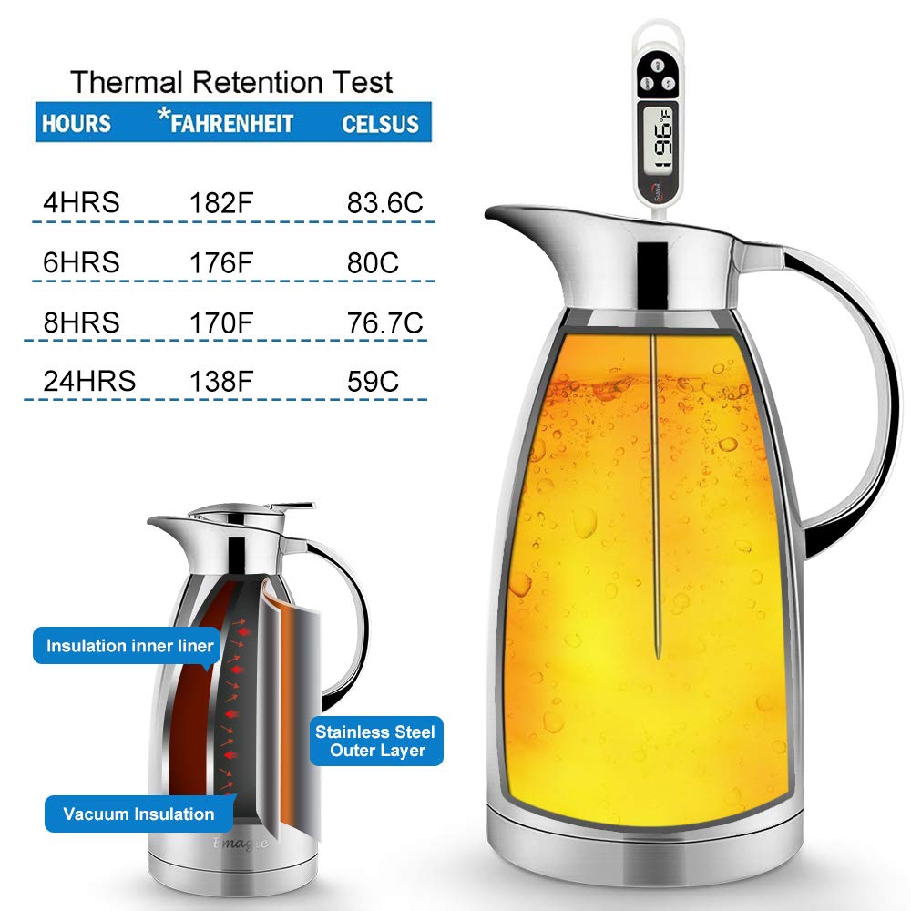 2.3L Vacuum Jug 304 Stainless Steel Double Wall Vacuum Insulated Carafe Coffee Drinks Pot Coffee Plunger-Juice/Milk/Tea Insulation Pot Water Pitcher
