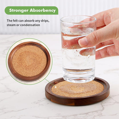 WLWNWFT Acacia Wood Coasters with Holder - Absorbant Cork Coasters for Drinks | Set of 6, 4.33in