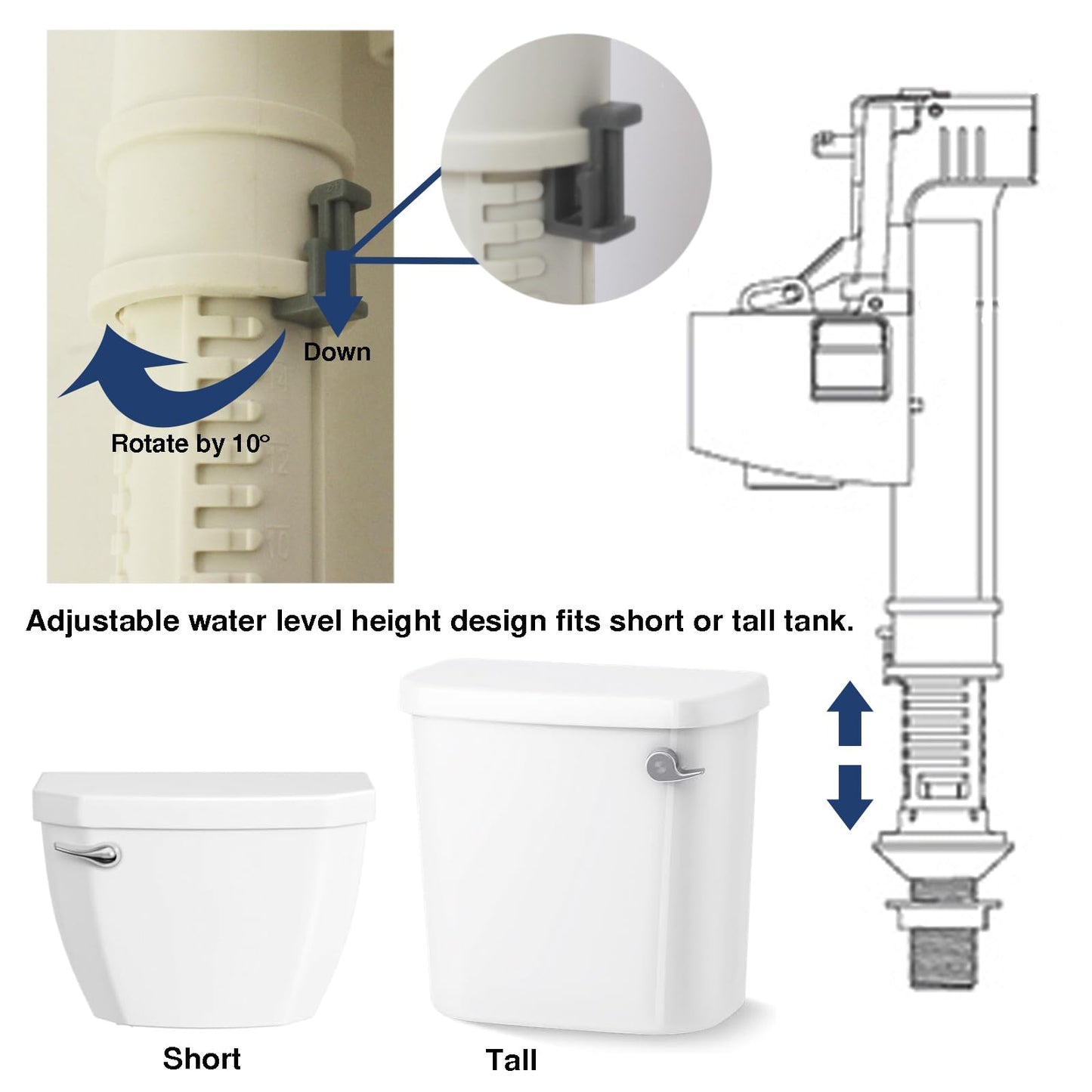 Universal Toilet Fill Valve Assembly with Mount Nut, Adjustable Water Height Bottom Entry Inlet Valves Compatible with Caroma Toilets, Silent Fill and Easy to Install