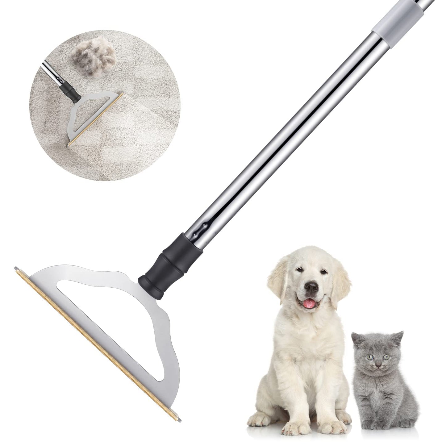 47“ Adjustable Long Handle Carpet Rake Pet Hair Remover, Reusable Metal Lint Remover Brush for Stubborn Fur Removal from Carpets Rugs Stairs, Carpet Brush Scraper Dog Cat Hair Remover Broom