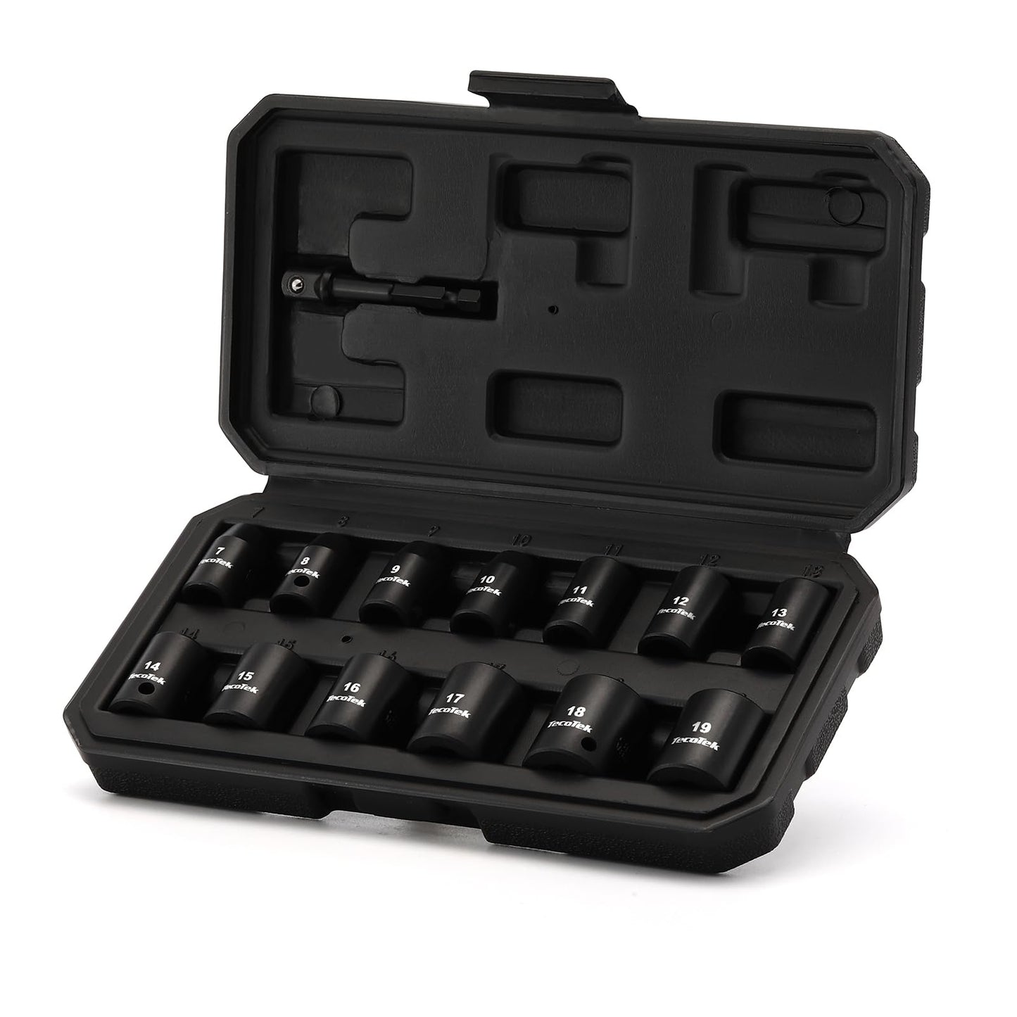 TecoTek 14 Pieces 3/8-Inch Drive Impact Socket Set, 12-Point, Metric, Shallow, CR-V, 7mm to 19mm, Drill Socket Adapter 3/8"