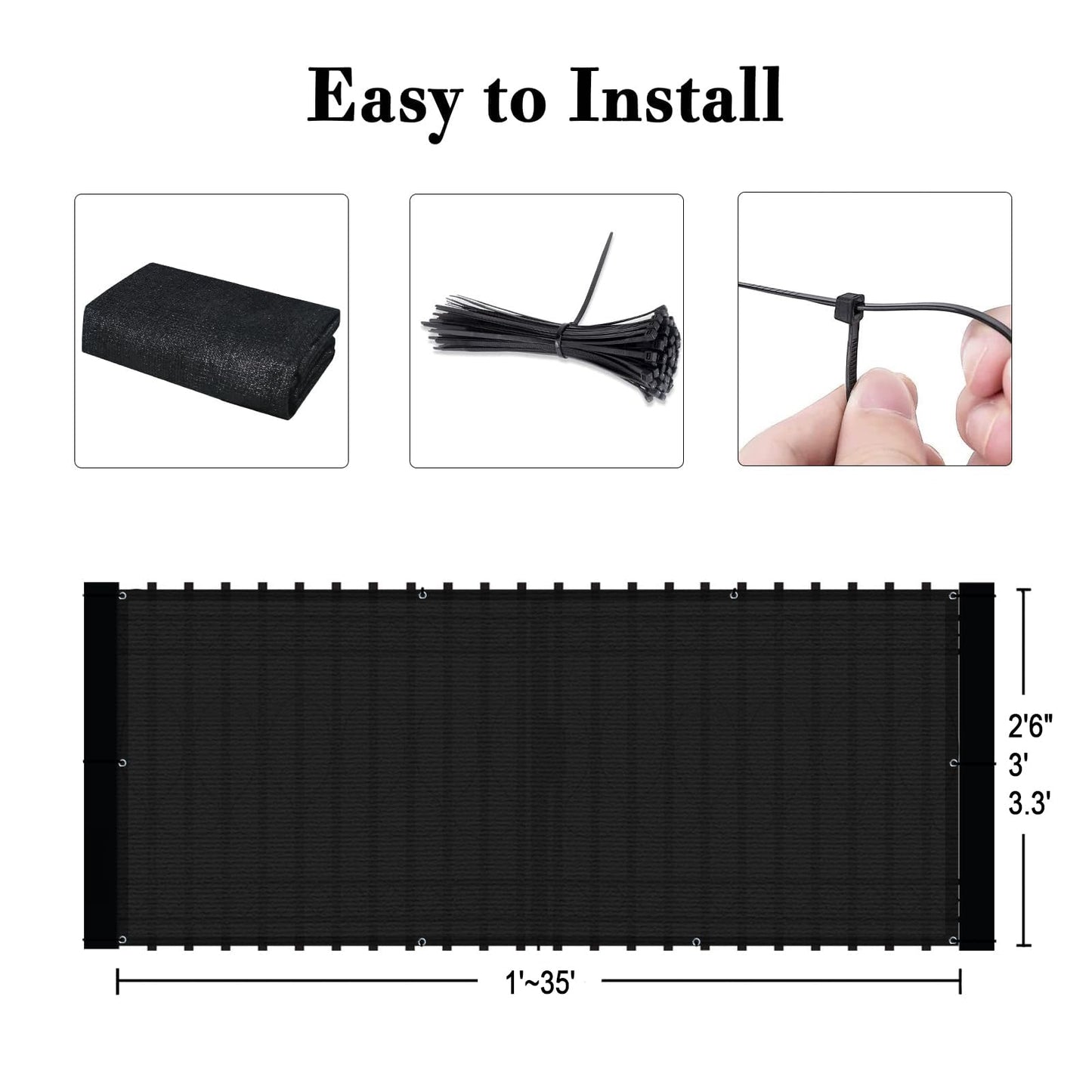 SUNLAX 3'x10' Black Balcony Privacy Screen Fence Windscreen Cover Fabric Shade Mesh Cloth with Grommets UV Protection for Patio, Backyard, Porch, Railing Shield 90%