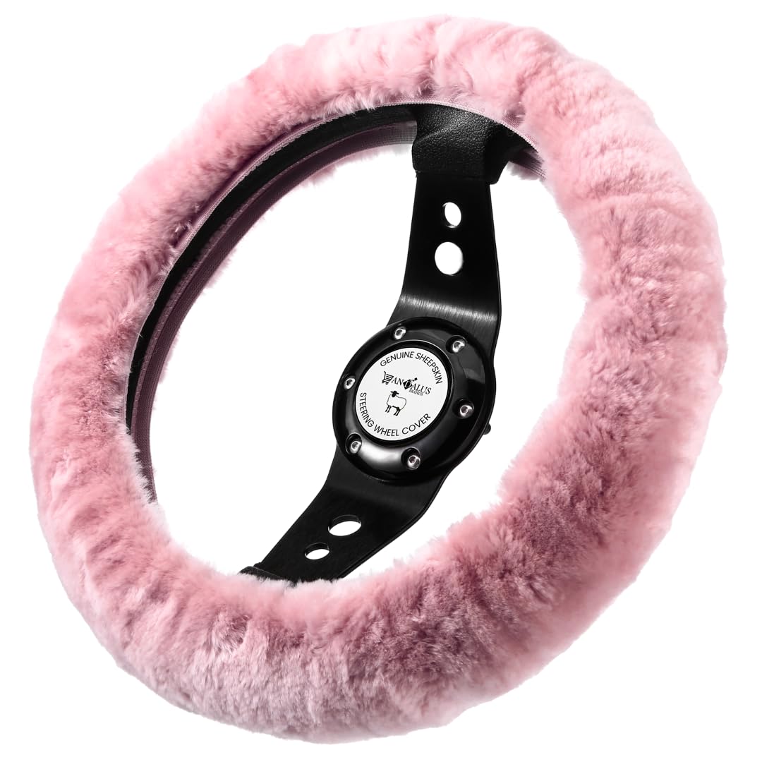 Andalus Brands Fluffy Wool Sheepskin Steering Wheel Cover, Soft & Fuzzy Plush, Universal Fit 14 1/2-15 1/2 Inch, Anti-Slip, Comfortable & Luxurious (Pink)