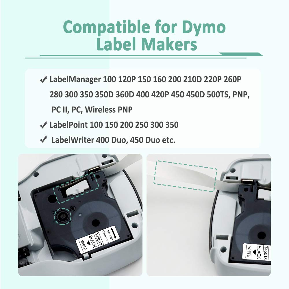 5- Pack Compatible 12mm 45013s Refills for D1 45013 S0720530 Black on White Label Maker Tape Cassette for LabelManager 160 210D 450 280 420P PnP 220P 360D, 0.47 Inch x 23 Feet