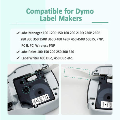 5- Pack Compatible 12mm 45013s Refills for D1 45013 S0720530 Black on White Label Maker Tape Cassette for LabelManager 160 210D 450 280 420P PnP 220P 360D, 0.47 Inch x 23 Feet