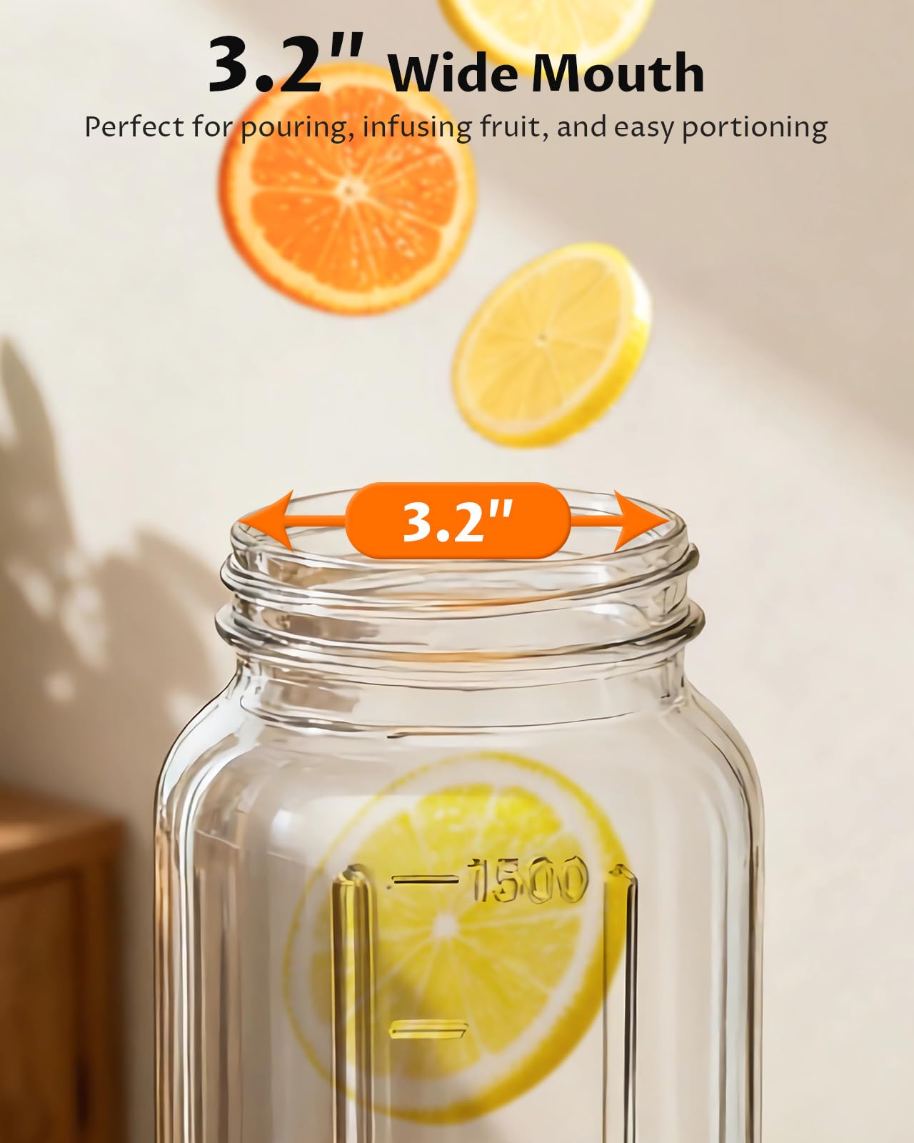 VA1KENE 64oz Glass Pitcher with Lid and Handle – Mason Jar Style Water Jug with Spout, Wide Mouth Glass Pitcher for Sun Tea, Juice, Breast Milk, Cold Brew & More