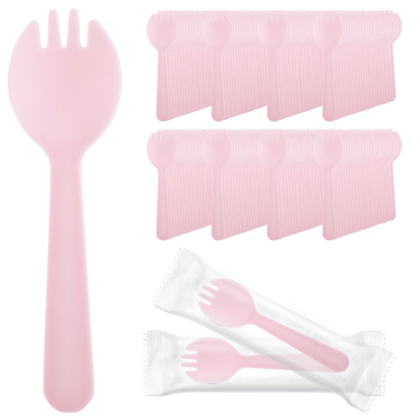 EUSOAR Mini Plastic Sporks, 200pcs 4.5"x1.3" Disposable Sporks, Heavy Duty Disposable Utensils Silverware Set Individually Wrapped Fork Spoon for Party Wedding Birthday Gathering-Pink