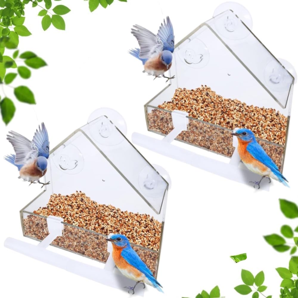 WLLKOO Window Bird Feeder 2 Pack, Bird House for Outside with 4 Rod, Small Acrylic Window Bird Feeder with Strong Suction Cups and Drain Holes 5.9 * 2.4 * 5.9 inch