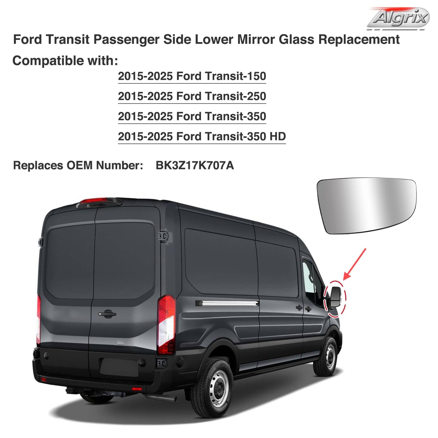 Algrix Passenger Side Lower Mirror Glass Replacement for Ford Transit 150 250 350 MK8 from 2014 to 2025, Right Towing Mirrors Convex Chromed Glass with Rear Mounting Backplate, Replaces BK3Z17K707A