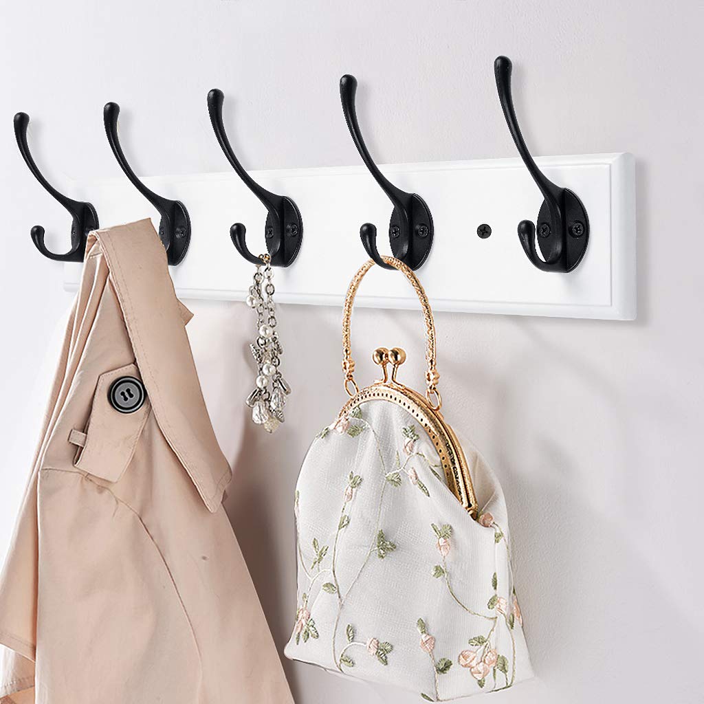 RUTAI Wall Mounted Coat Rack,Bamboo 17 inch Wall Hanging Shelf with 5 Black Dual Hooks for Hallway,Bathroom,Living Room,Bedroom,2 Pack,White