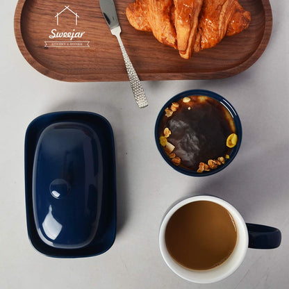 SWEEJAR Ceramics Butter Dish with Lid, Butter Keeper Container, East/West Coast Butter, 7 inches (Navy)