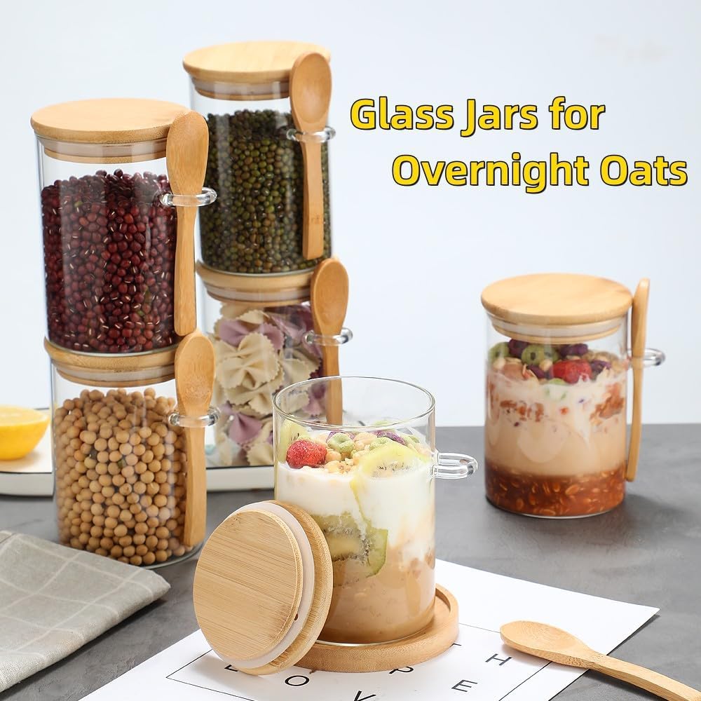 POLCANUR Glass Overnight Oats Jar, 4 Pack Containers with Bamboo Lids and Spoons, 18 OZ Glass with Clear Food Storage Jar for Sugar, Spices,Coffee Bean,Flour,Cookie,Candy,Nuts,Bath Salt Reusable Jars