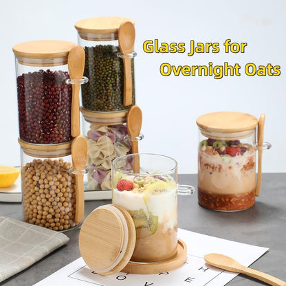 POLCANUR Glass Overnight Oats Jar, 4 Pack Containers with Bamboo Lids and Spoons, 18 OZ Glass with Clear Food Storage Jar for Sugar, Spices,Coffee Bean,Flour,Cookie,Candy,Nuts,Bath Salt Reusable Jars