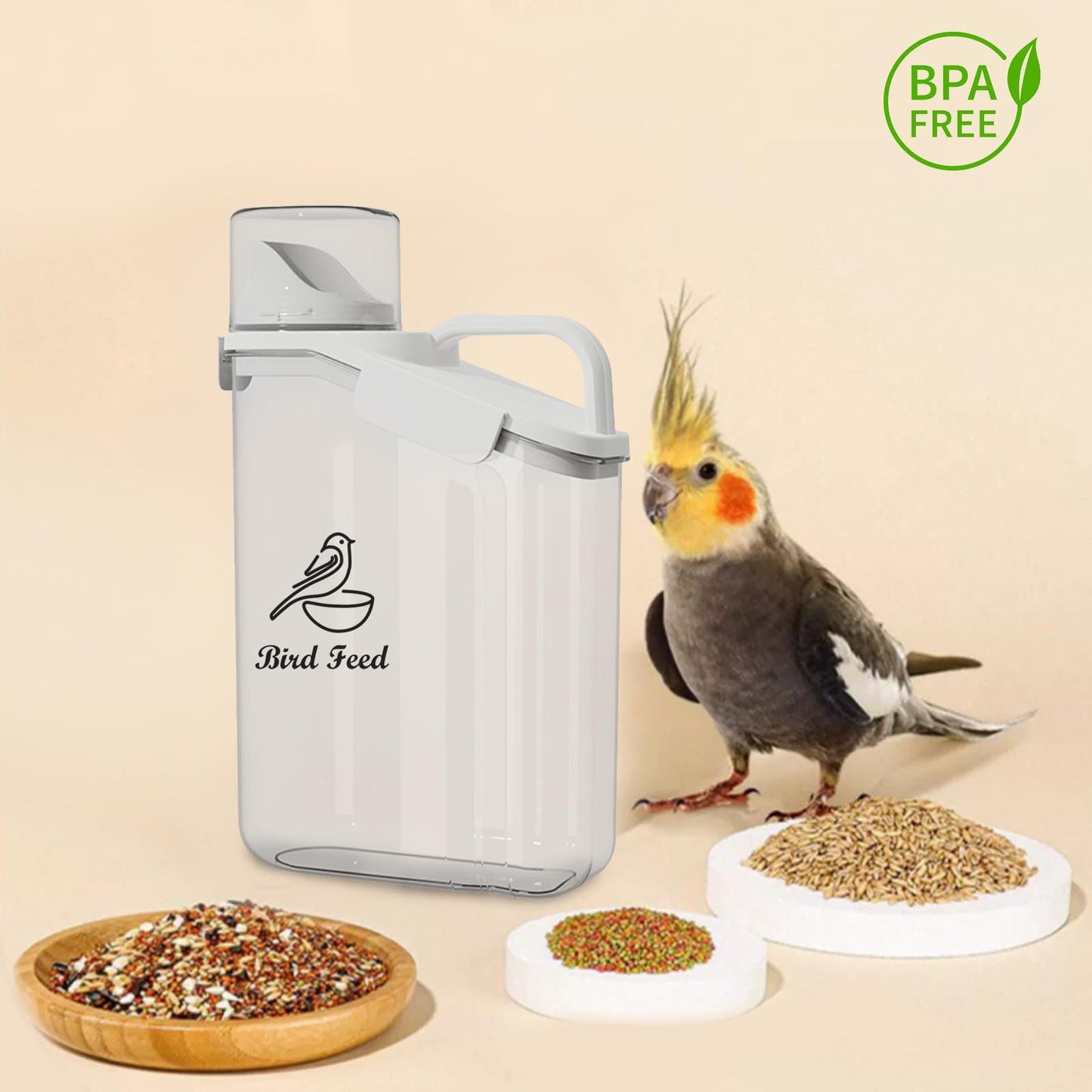 Brabtod Bird Seed Storage Container Portable-3 Qt/2.8 L Clear Plastic Pet Food Container-with Measuring Cup,Airtight Wild Bird Seed Dispenser for Storing Sunflower Seed|Squirrel proof|BPA Free-White