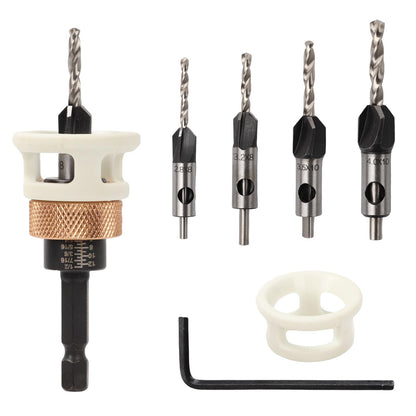 4PCS Countersink Drill Bit Set, Woodworking Countersink Drill Bit with Adjustable Depth Stop and Allen Wrenches, Quick Change Hex Shank Drill Bits Woodworking Tools 82-Degree Chamfer (A)