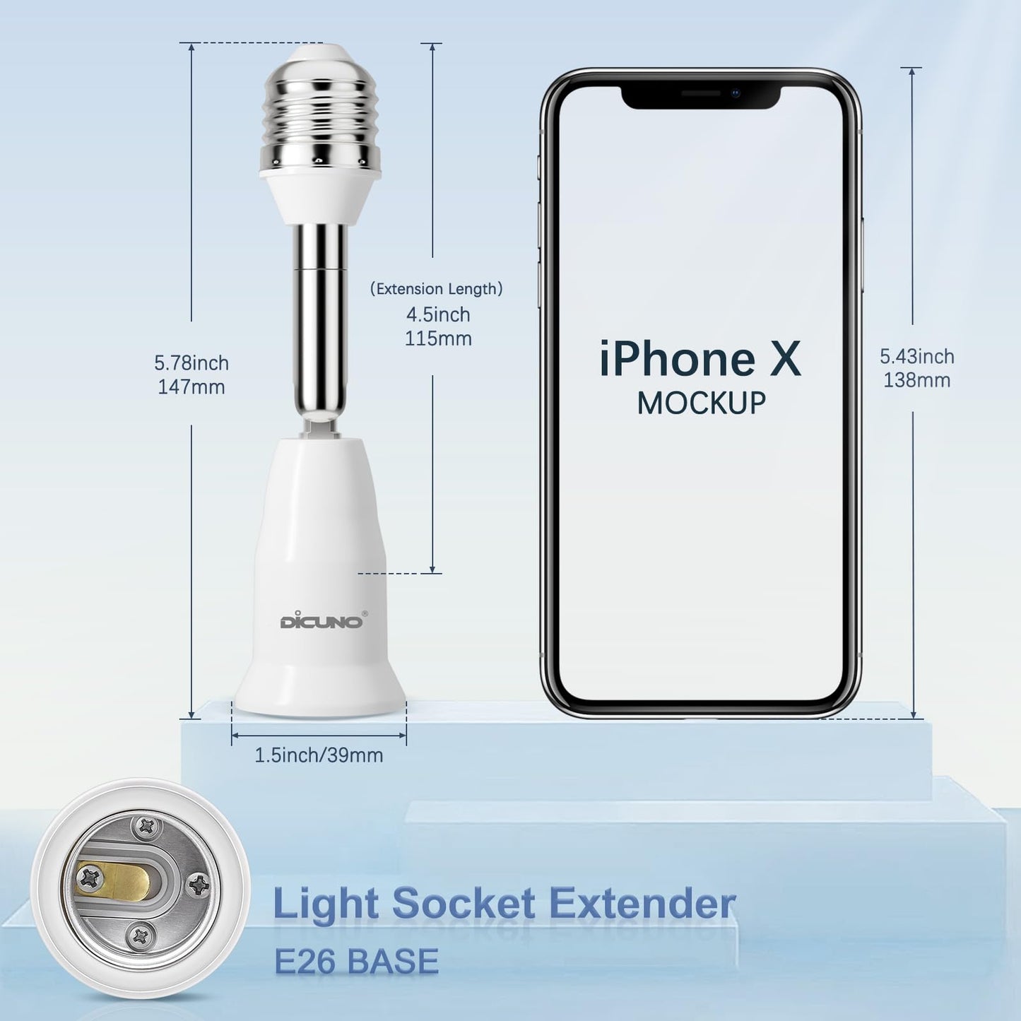 DiCUNO E26 Adjustable Light Socket Extender, 4.5-Inch Extension, 350° Rotation & 180° Bend, 6-Pack