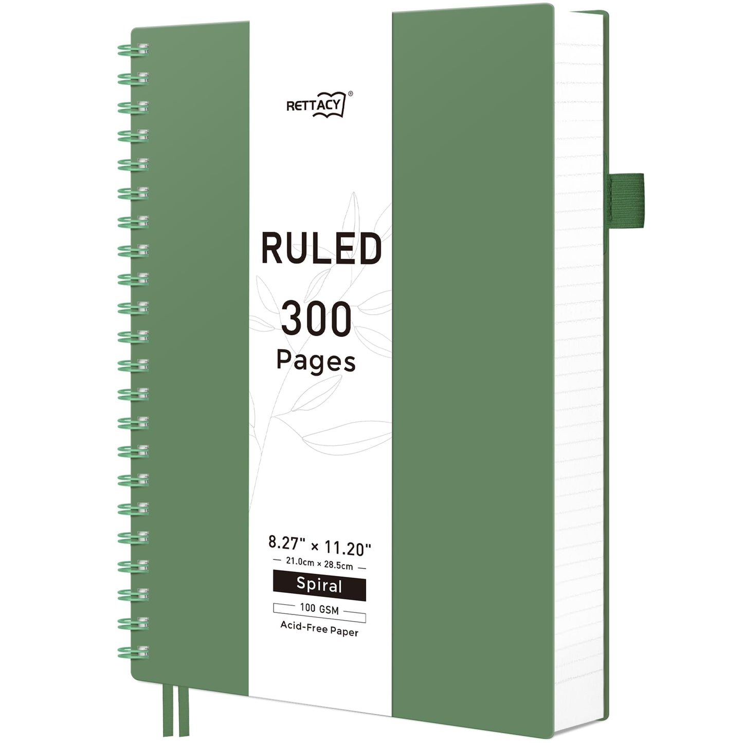 RETTACY Spiral College Ruled Notebook, 300 Pages, A4 Large Size (21 x 28 cm), for School, Work, Journaling, 100 GSM Thick Paper, Flexible Plastic Cover (Dark Green)