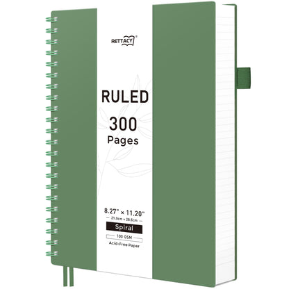 RETTACY Spiral College Ruled Notebook, 300 Pages, A4 Large Size (21 x 28 cm), for School, Work, Journaling, 100 GSM Thick Paper, Flexible Plastic Cover (Dark Green)