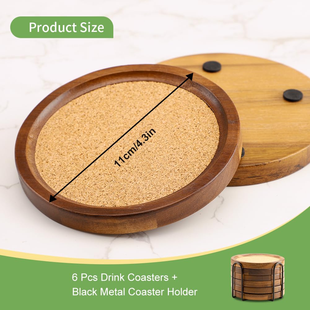 WLWNWFT Acacia Wood Coasters with Holder - Absorbant Cork Coasters for Drinks | Set of 6, 4.33in