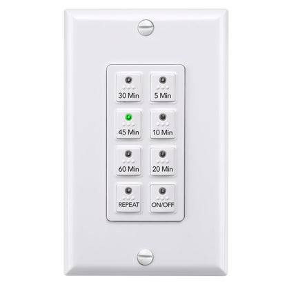 BN-LINK Countdown Digital Wall Timer Switch for Exhaust Fan with Push Button 5-10-20-30-45-60mins, Bathroom Fan Light Switch Timer Indoor, Neutral Required, Wall Plate Included, White
